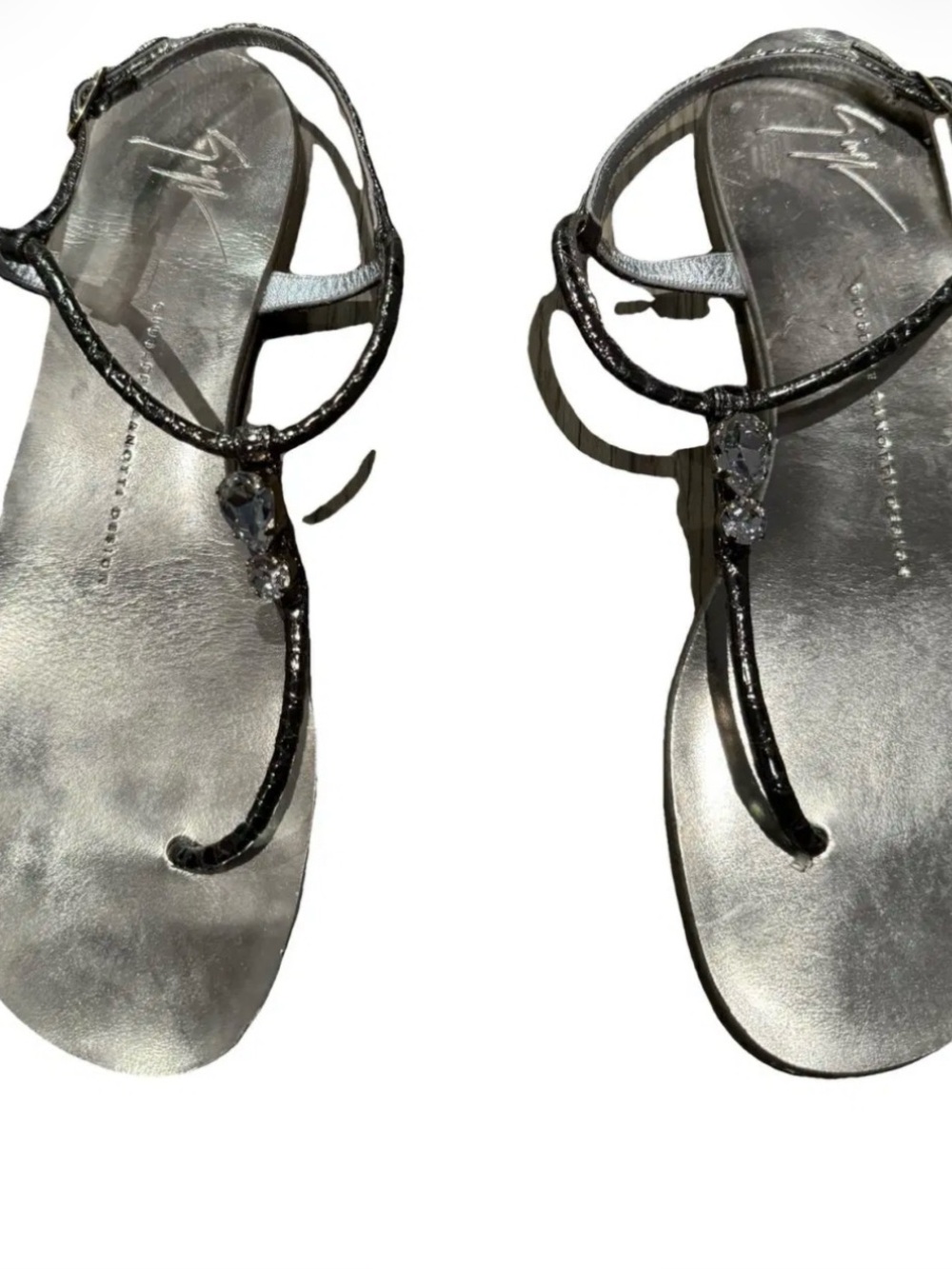 Giuseppe Zanotti Metallic Brown T-Strap Sandals with Crystal Accents